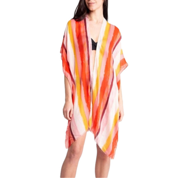 Janice Apparel Women's Striped Print Orange White Long Scarf Cover Up Kimono - Picture 1 of 5